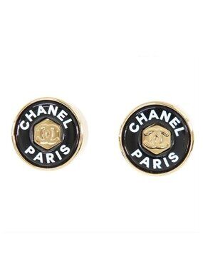 Chanel Earrings Gold Black Metal CC Logo 24c